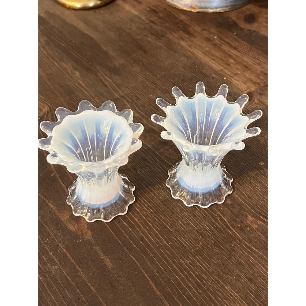 Pair of Vintage Fostoria Heirloom Blue Opalescent Glass Candlestick Holders‎